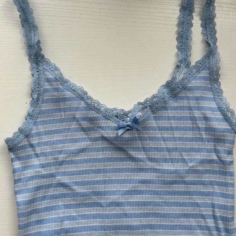 Blue Striped Lace Trim Cami Top